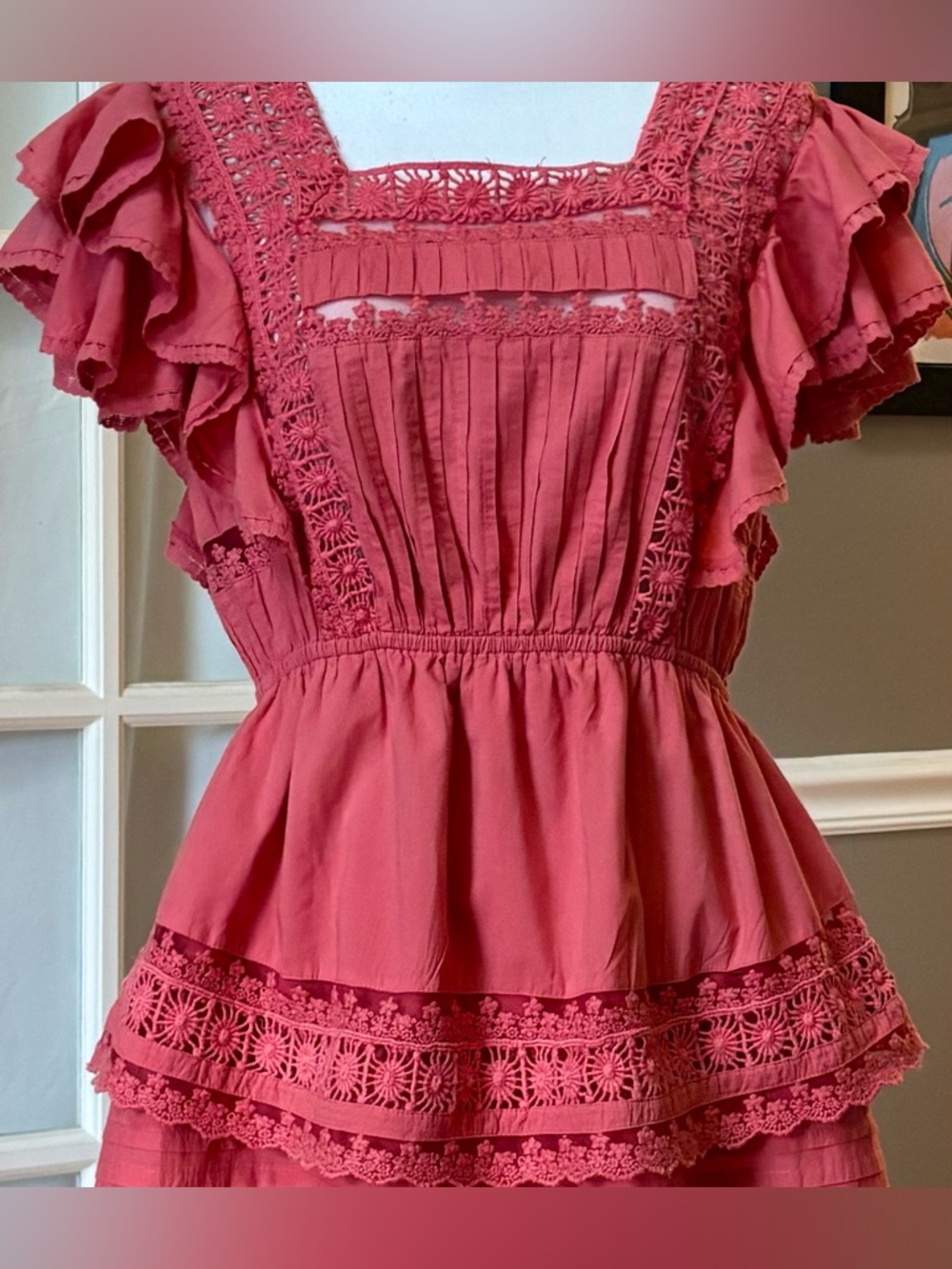 Lulus Pink Lace Ruffle Mini Dress Tiered Boho Cottagecore Small
